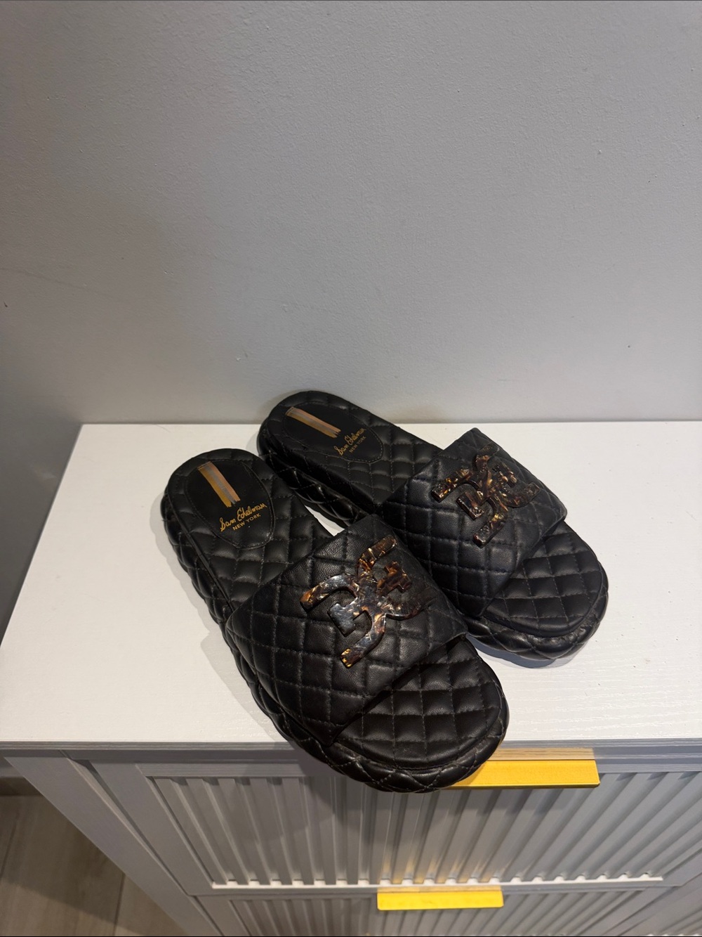 Sam Edelman Quilted Black Slide Sandals with Metallic Logo Size 6.5
